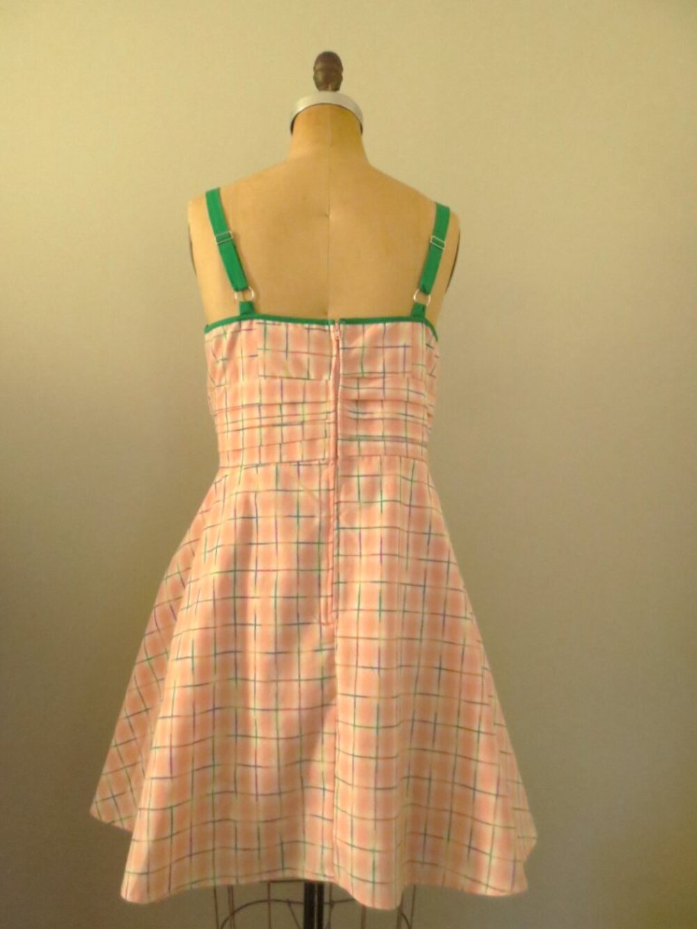 Unique Vintage Pink & Green Plaid Fit & Flare Cotton Dress - Picture 2 of 15